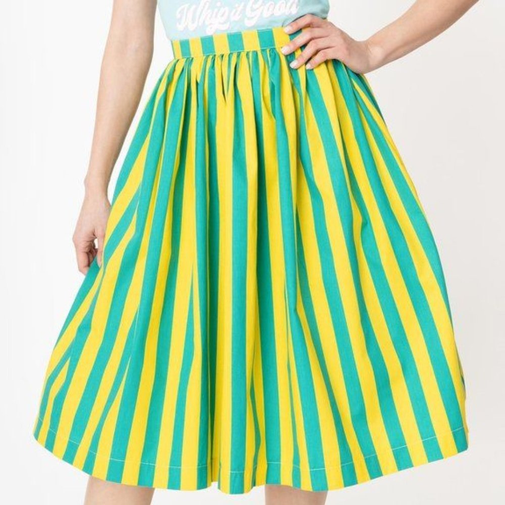 1950s Style Green & Yellow Stripe Swing Skirt